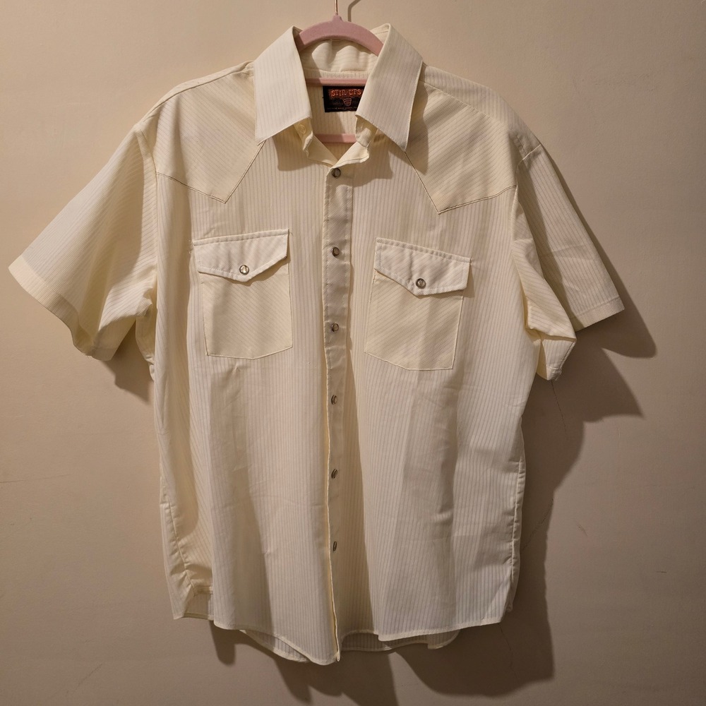 Vintage 70s Stir-Ups Western Shirt Mens Large Cream Pinstripe Pearl Snap Cowboy